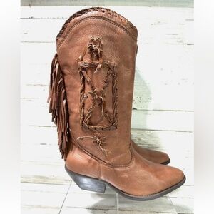 Zodiac Vintage Leather Fringe Western Heeled Boots